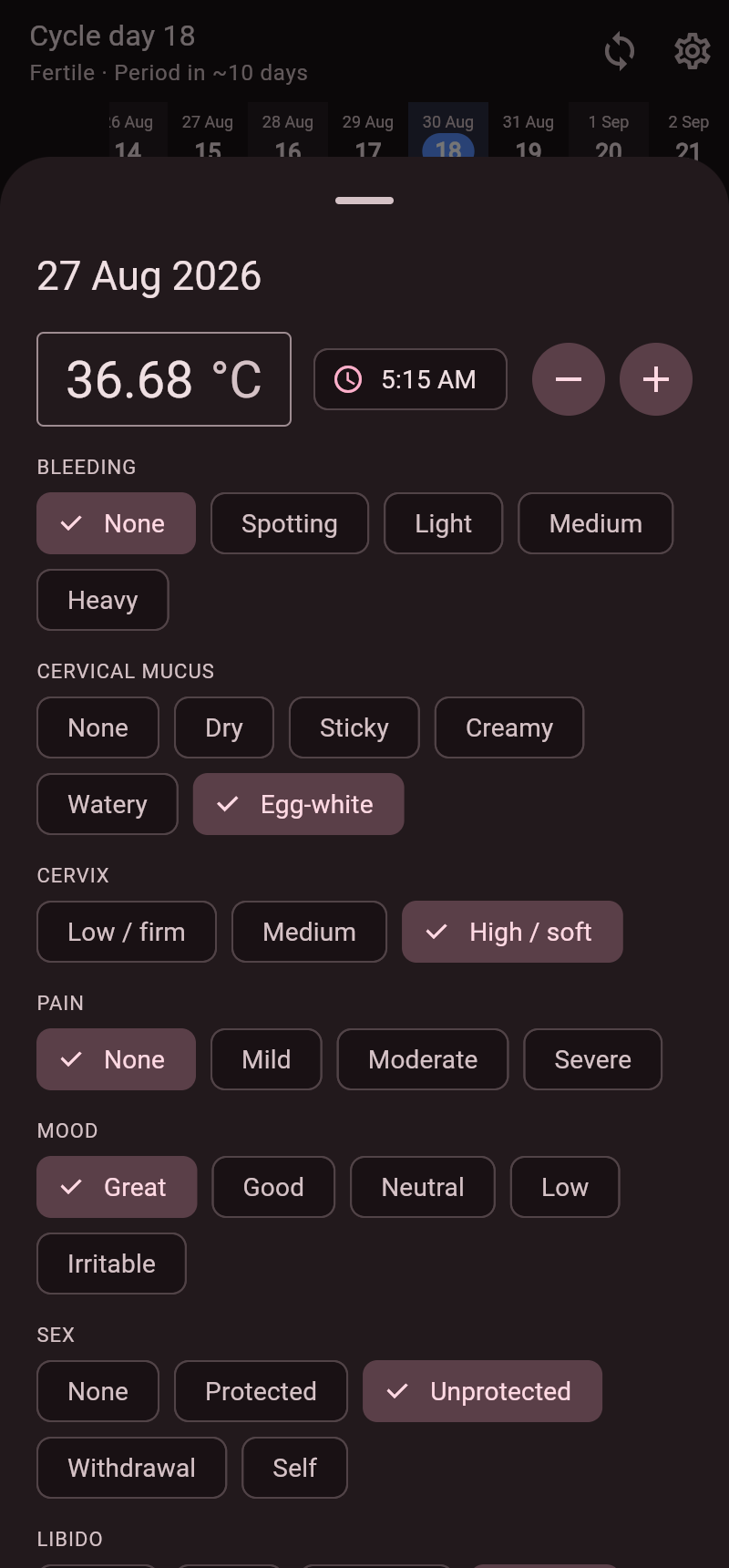 A single day's detail sheet with temperature, cervical mucus, cervix, mood and more