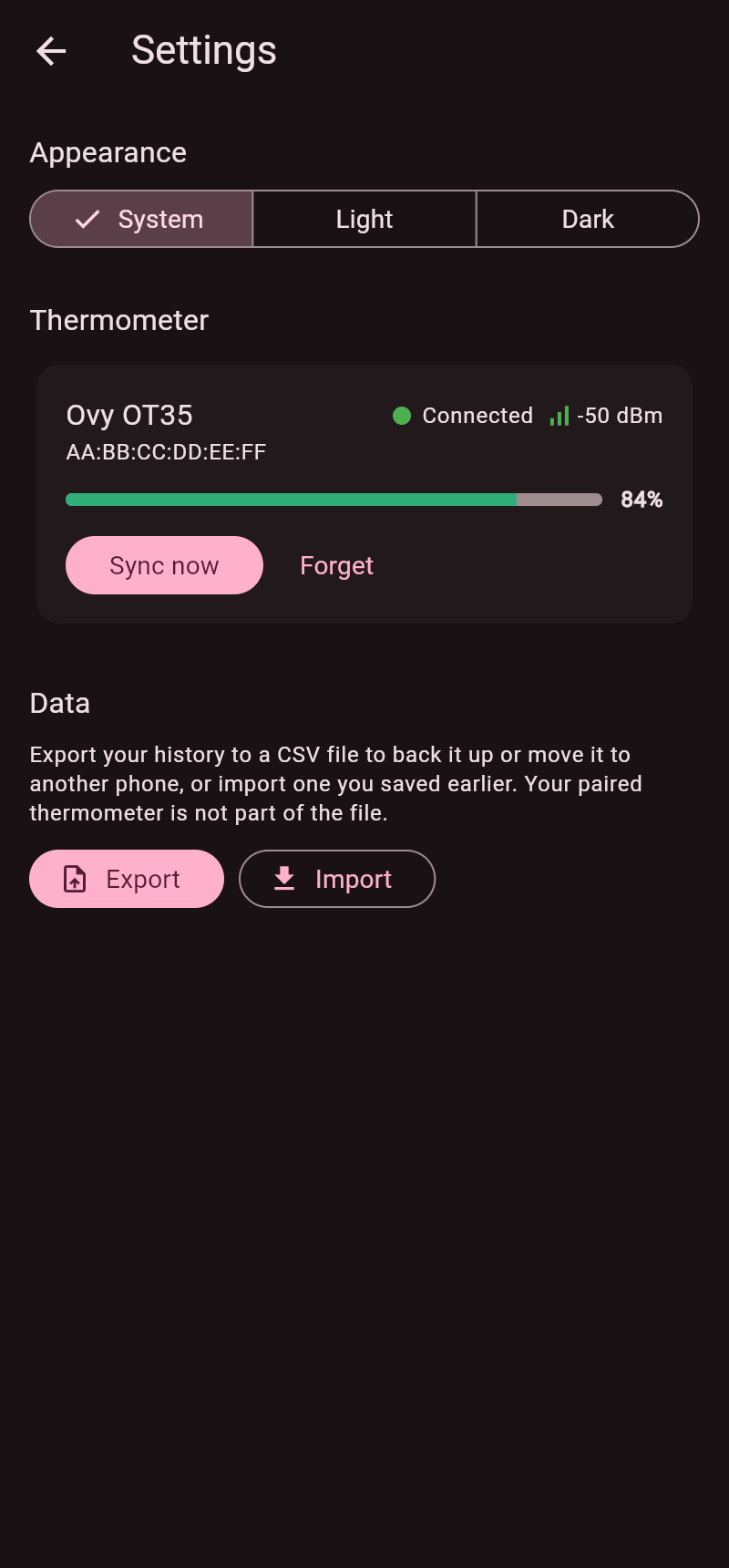 Settings screen showing the paired Ovy OT35 thermometer, sync, and CSV export or import